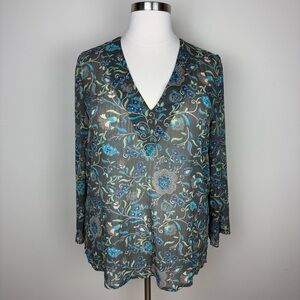 Susan Graver Tunic Blouse Semi-Sheer Size 1X Olive Green Floral V Neck Bohemian‎